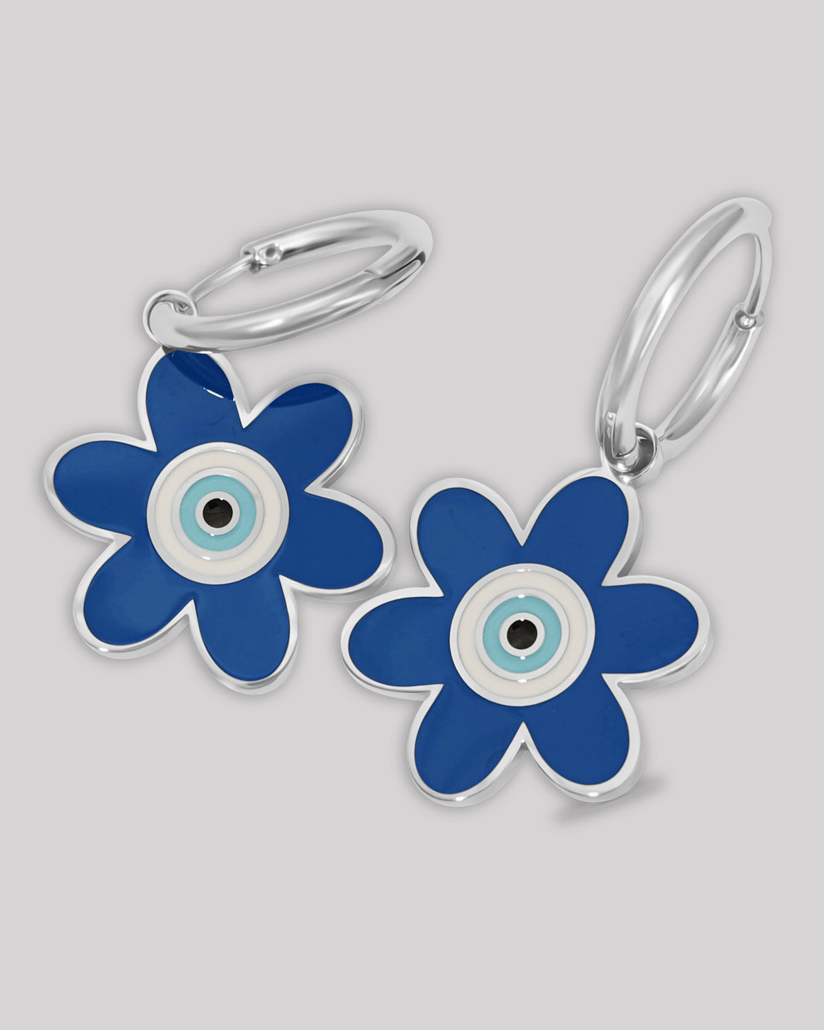 Silver Evil Eye Flower Earrings